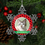 Red Pet Paw Prints Personalized Cat Name Photo Snowflake Pewter Christmas Ornament<br><div class="desc">This festive custom holiday ornament can be personalized with a cute photo of your pet cat (or dog) and their first name. Includes a red background color with a green monogram stripe and black paw print pattern. Makes a unique Christmas gift for cat lovers or to celebrate kitty's first Christmas!...</div>