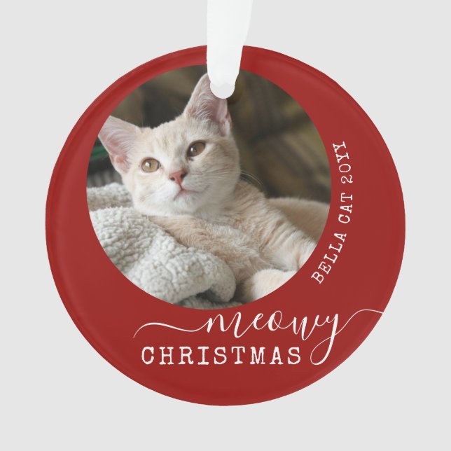 Red Pet Personalized Photo Name Meowy Christmas Ornament (Front)