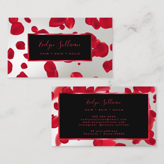 Red Petals Faux Silver Foil Carte de visite (Devant / Derrière)