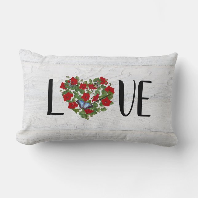red petunia heart with butterflies Love Lumbar Pillow (Front)