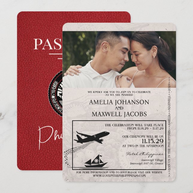 Red Philippines Passport Wedding Invitation (Front/Back)