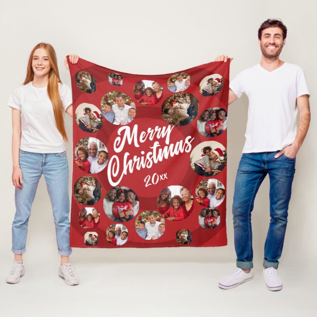Red Photo Collage Christmas Fleece Blanket (In Situ)