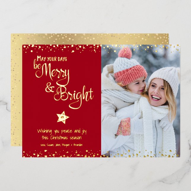 Red Photo Days Be Merry Bright Script Real Gold Foil Holiday Card (Front/Back)