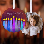 Red Photo Hanukkah Menorah Candles Modern Boho Ornament Card<br><div class="desc">“Happy Hanukkah.” A playful, modern, artsy illustration of boho pattern candles and handwritten calligraphy script help you usher in the holiday of Hanukkah in style. Assorted blue boho candles with colourful faux foil patterns overlay a rich, brick red textured background on the front. Your favourite photo adorns the back. Feel...</div>