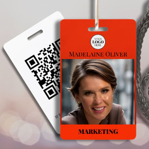 Red Photo QR Code and Logo Employee  Badge