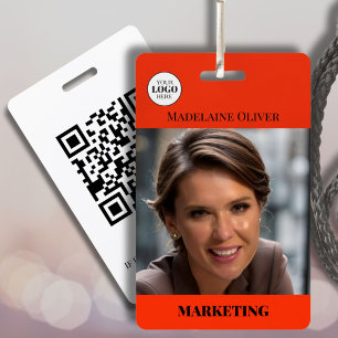 Red Photo QR Code and Logo Employee Name  Badge