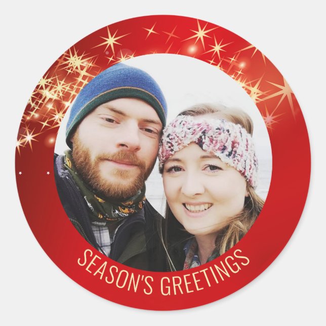 Red Photo Season's Greetings Classic Round Sticker (Front)
