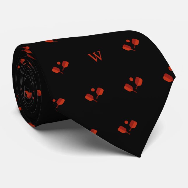 Red Pickleball Paddles Ball Monogram Initial Black Tie (Rolled)