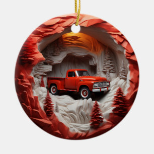 Red Pickup Ceramic Ornament