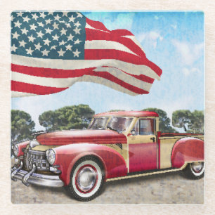Red Pickup Truck: American Flag Vintage Glass Coaster