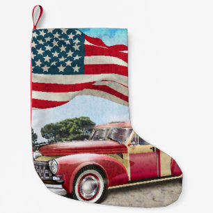 Red Pickup Truck: American Flag Vintage Small Christmas Stocking