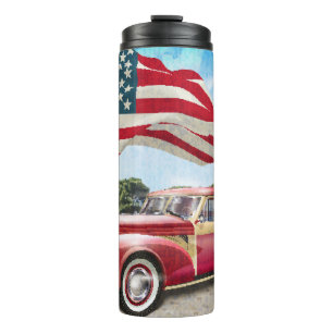 Red Pickup Truck: American Flag Vintage Thermal Tumbler