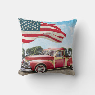 Red Pickup Truck: American Flag Vintage Throw Pillow
