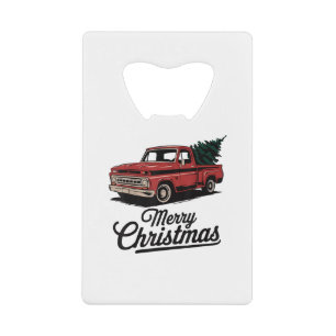 Red Pickup Truck Christmas Tree Vintage Christmas  Credit Card Bottle Opener
