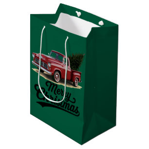Red Pickup Truck Christmas Tree Vintage Xmas Medium Gift Bag