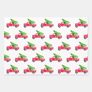 Red pickup truck Christmas tree watercolor vintage Wrapping Paper Sheet