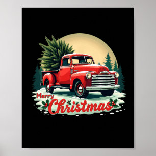 Red Pickup Truck Merry Christmas Tree Winter Holid Poster