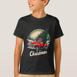 Red Pickup Truck Merry Christmas Tree Winter Holid T-Shirt
