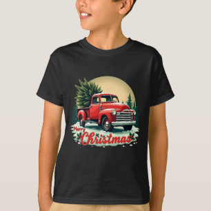 Red Pickup Truck Merry Christmas Tree Winter Holid T-Shirt