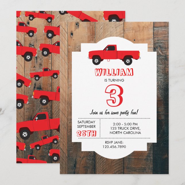 Red Pickup Truck Transportation Trucks Birthday Invitation (Front/Back)