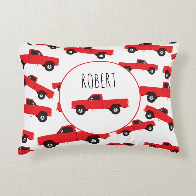 Red Pickup Truck Transportation Trucks Boys Name Accent Pillow (Front)
