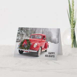 Red Pickup Truck with Christmas Wreath Holiday Card