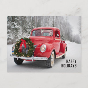 Red Pickup Truck with Christmas Wreath Holiday Postcard