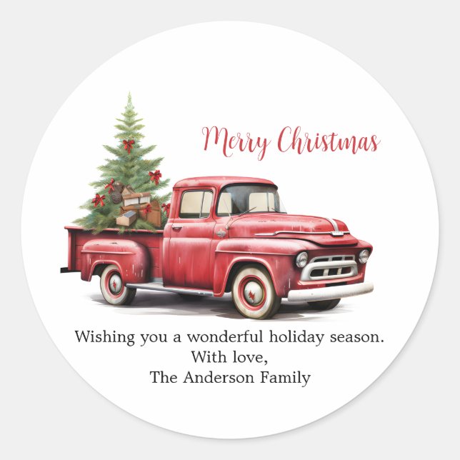 Red Pickup Truck with Tree in Back Christmas Card Classic Round Sticker (Front)