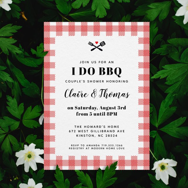 Red Picnic Plaid Cloth I Do BBQ Invitation (Red and white sweet country gingham plaid I Do BBQ wedding party invitation )