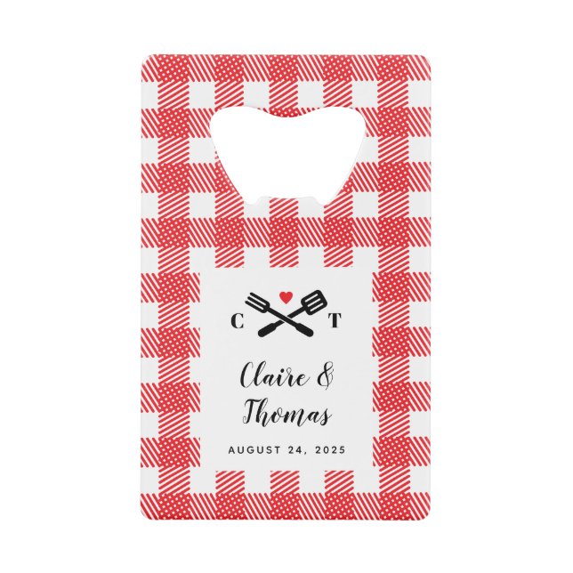 Red Picnic Plaid Cloth I Do BBQ Invitation Credit Card Bottle Opener (Front)