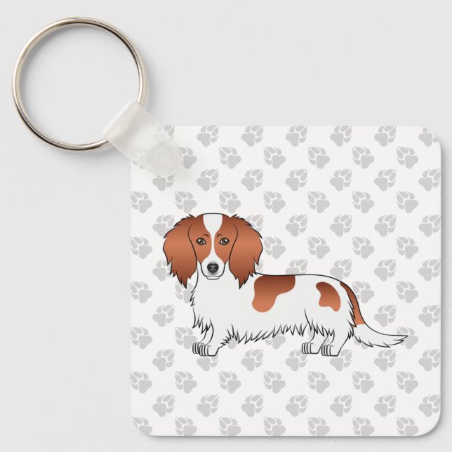Red Piebald Long Hair Dachshund Cartoon Dog & Paws Keychain (Front)
