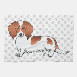 Red Piebald Long Hair Dachshund Cartoon Dog & Paws Kitchen Towel