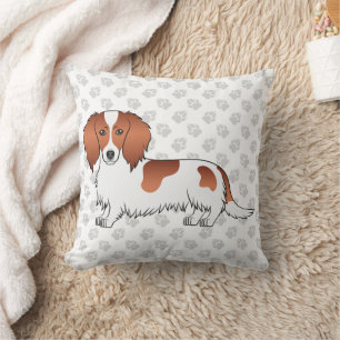 Red Piebald Long Hair Dachshund Cartoon Dog & Paws Throw Pillow