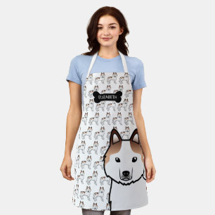 Red Piebald Siberian Husky Cartoon Dog & Name Apron