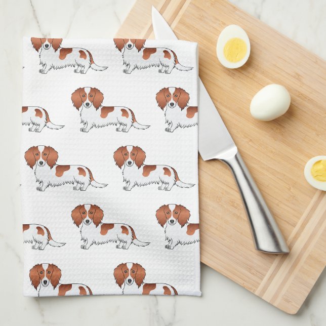 Red Pied Long Hair Dachshund Cartoon Dog Pattern Kitchen Towel (Quarter Fold)