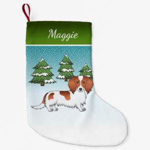 Red Pied Long Hair Dachshund Dog - Winter Forest Small Christmas Stocking