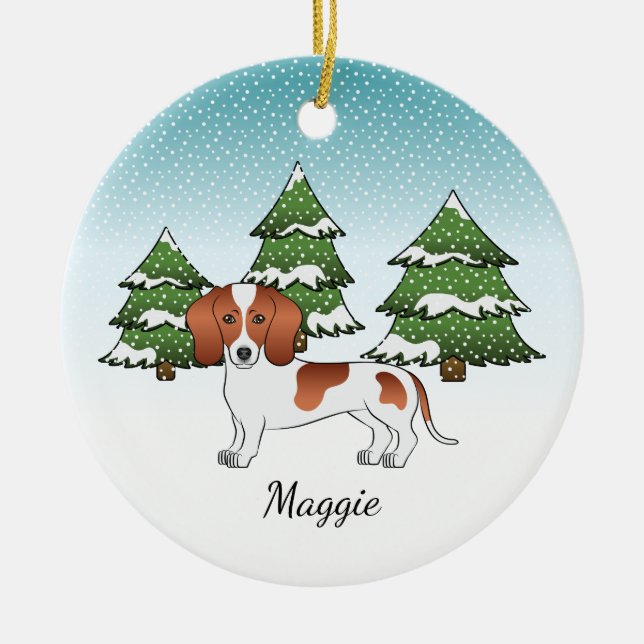 Red Pied Short Hair Dachshund Dog - Winter Forest Ceramic Ornament (Front)
