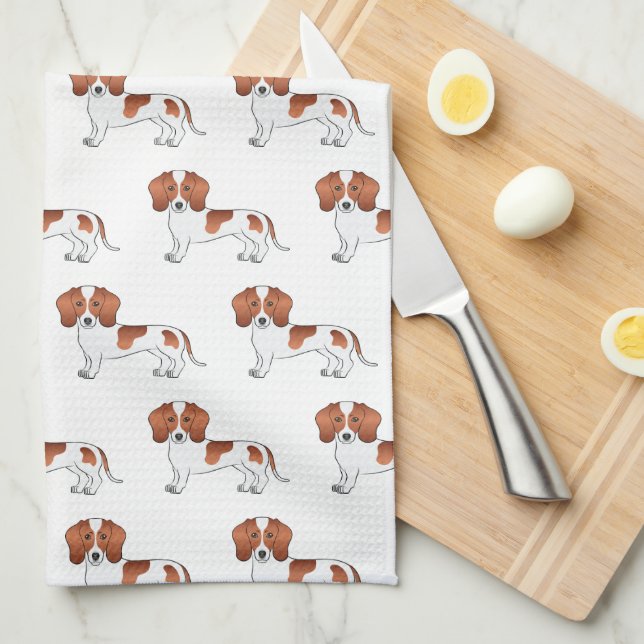 Red Pied Smooth Coat Dachshund Cartoon Dog Pattern Kitchen Towel (Quarter Fold)