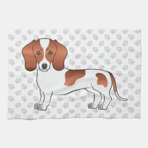 Red Pied Smooth Coat Dachshund Cartoon Dog & Paws Kitchen Towel