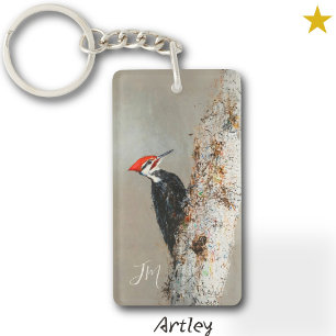 Red Pileated Woodpecker Bird Painting Initials  Keychain