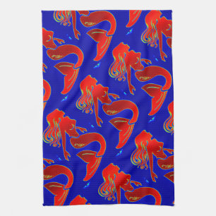 red pin-up mermaids kitchen towel