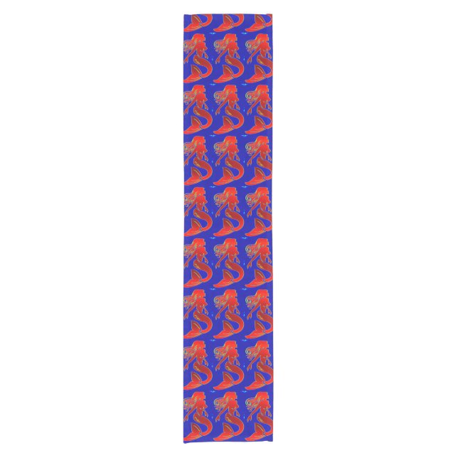 red pin-up mermaids on blue short table runner (Front)