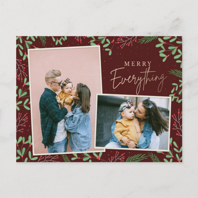 Red Pine Berries Merry Everything Multiple Photo Holiday Postcard (Front)