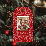 Red Pine Branch Merry Christmas Photo Holiday Gift Tags<br><div class="desc">Merry Christmas Holiday Photo Gift Tag with a Red and White Pine Branch Pattern Background.</div>