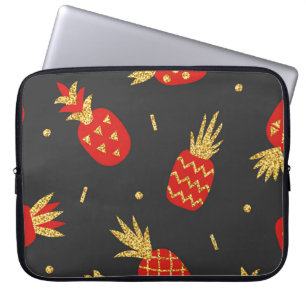 Red pineapple, glitter, black background. laptop sleeve
