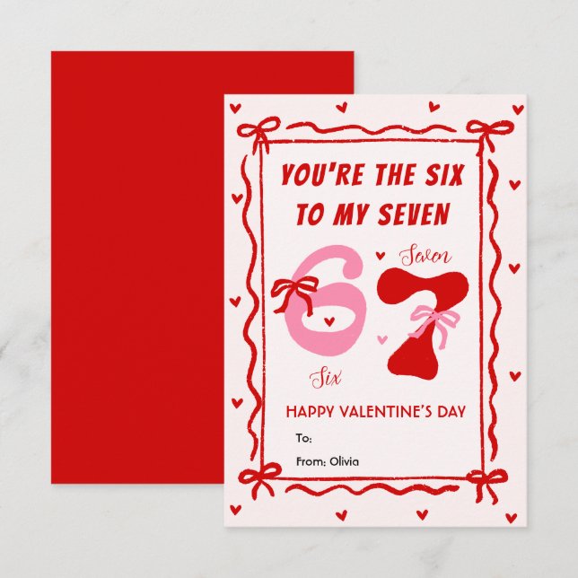 Red Pink 6 7 Meme Coquette Bow Valentines Day Card (Front/Back)