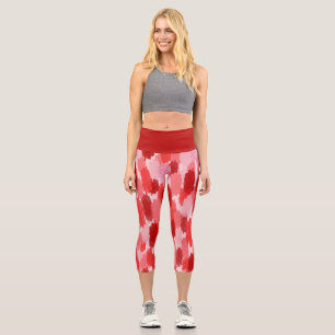 Red Pink Abstract Brushstrokes Pattern Capri Leggings