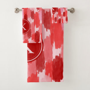 Red Pink Abstract Brushstrokes Pattern Monogram  Bath Towel Set