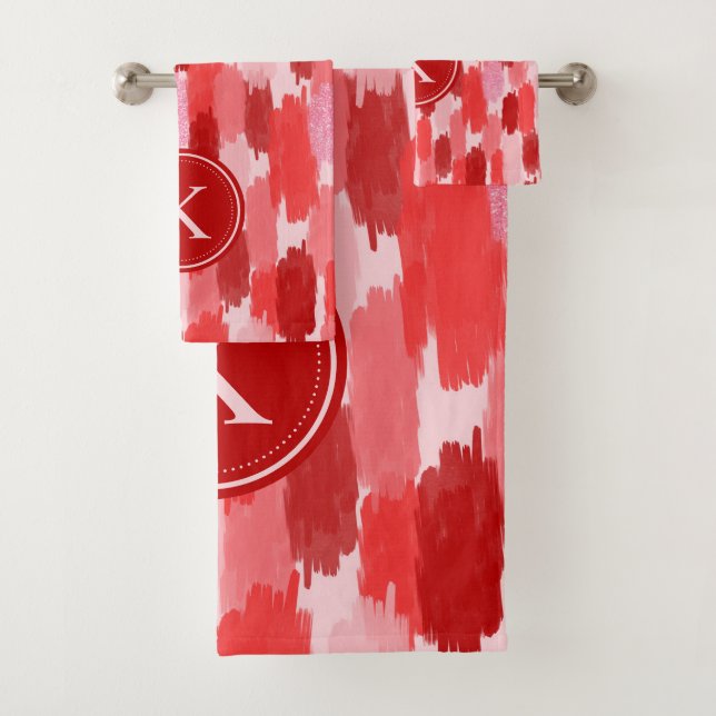 Red Pink Abstract Brushstrokes Pattern Monogram  Bath Towel Set (Insitu)