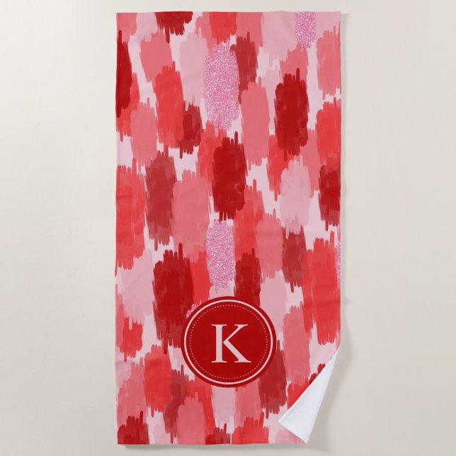 Red Pink Abstract Brushstrokes Pattern Monogram  Beach Towel (Front)